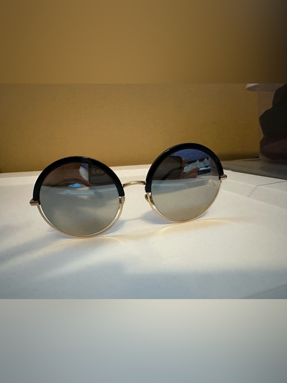 Ladies Christian Dior Round Sunglasses, Black Gold Frame, Silver Lens, Pristine